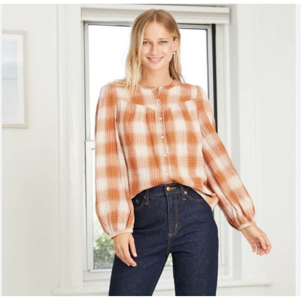 Universal Thread Womens Gauzy Puff Sleeve Button Up Shirt Picnic Country Summer